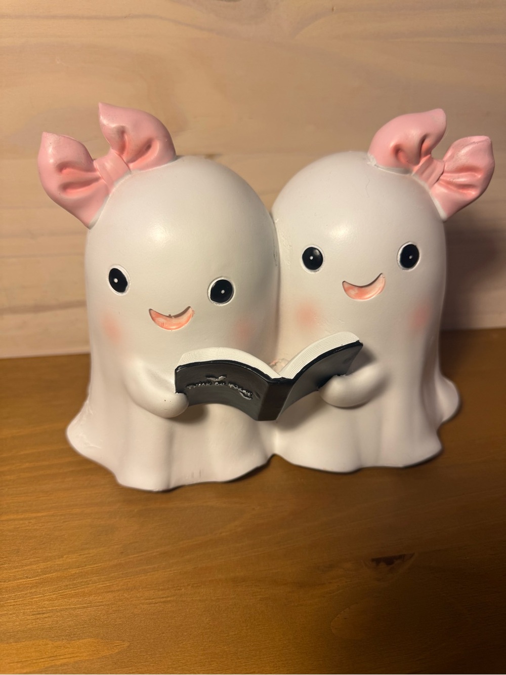 Cute Pink Bow Ghosts Reading Book Figurine Halloween Decor Coquette Spooky